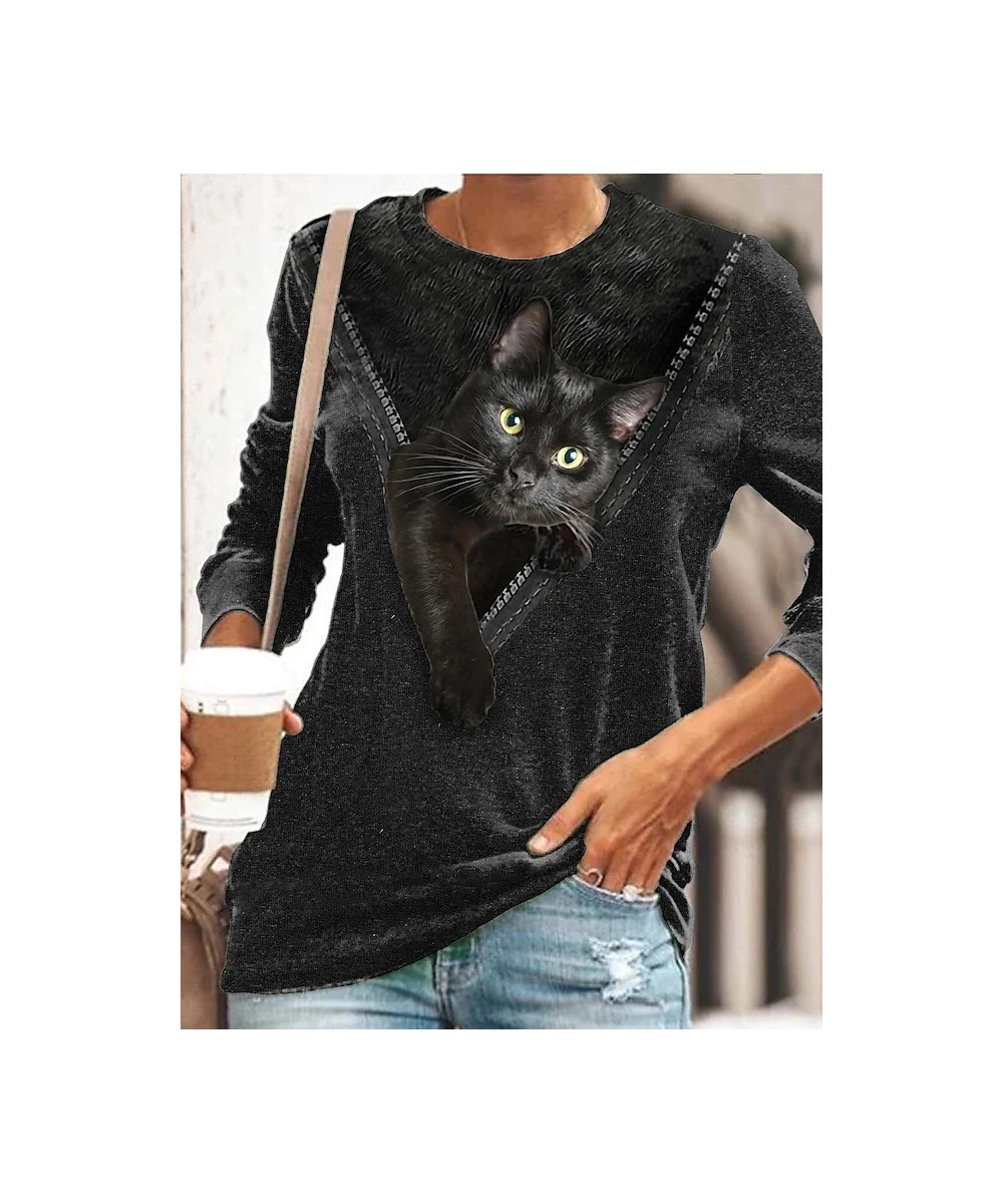 Women's T shirt Tee Graphic Casual Daily Cat T shirt Tee Long Sleeve Print Round Neck Basic Essential Graphic Patterned XS-8X...