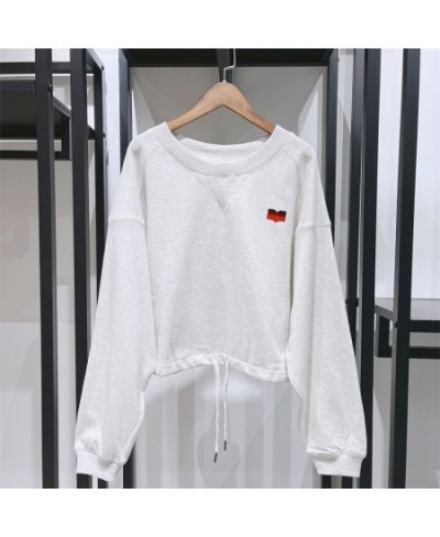 Women Sweatshirt 2022 Spring Autumn New 100% Cotton Flocking Print Drawstring Hem Hoodless Women Casual Loose Round Neck Hood...