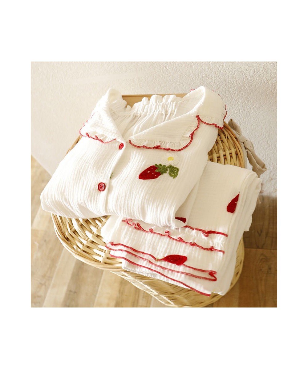 Women's pajamas winter nightwear long sleeve thin pure cotton gauze sweet lovely princess strawberry embroidery home clothes ...