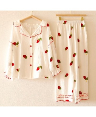 Women's pajamas winter nightwear long sleeve thin pure cotton gauze sweet lovely princess strawberry embroidery home clothes ...