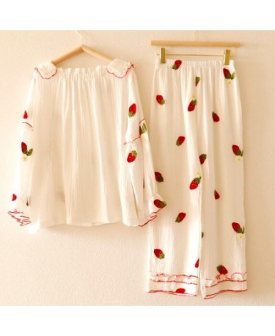 Women's pajamas winter nightwear long sleeve thin pure cotton gauze sweet lovely princess strawberry embroidery home clothes ...