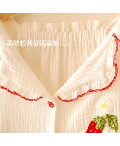 Women's pajamas winter nightwear long sleeve thin pure cotton gauze sweet lovely princess strawberry embroidery home clothes ...