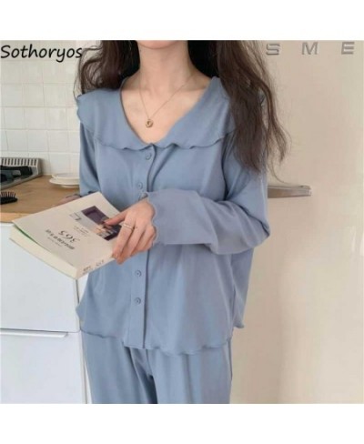 Tender Pajama Sets Women Solid Simple Soft Cozy Long Sleeve Nightwear Female Casual Chic Lounge Sweet Kawaii Autumn New $36.4...