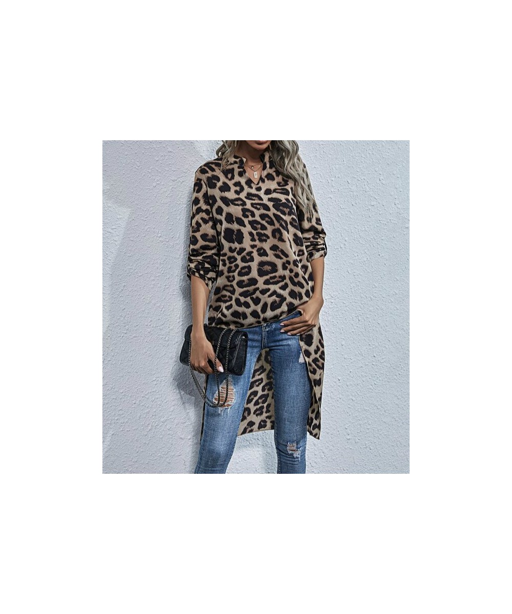 Women Leopard Irregular Blouse Short Front Long Back V-neck Long Sleeve Tops Fashion New Ladies Loose Shirts Autumn Spring $2...