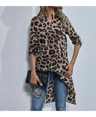 Women Leopard Irregular Blouse Short Front Long Back V-neck Long Sleeve Tops Fashion New Ladies Loose Shirts Autumn Spring $2...