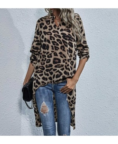 Women Leopard Irregular Blouse Short Front Long Back V-neck Long Sleeve Tops Fashion New Ladies Loose Shirts Autumn Spring $2...