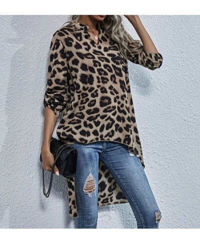 Women Leopard Irregular Blouse Short Front Long Back V-neck Long Sleeve Tops Fashion New Ladies Loose Shirts Autumn Spring $2...