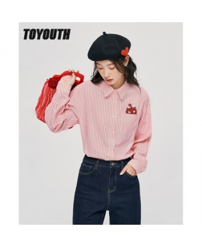 Women Shirts 2022 Autumn Long Sleeve Lace Polo Neck Loose Blouse Pink Stripes Embroidery Chic Casual Streetwear Tops $58.74 -...