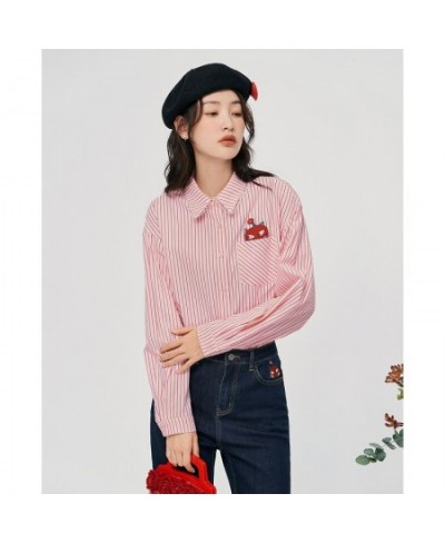 Women Shirts 2022 Autumn Long Sleeve Lace Polo Neck Loose Blouse Pink Stripes Embroidery Chic Casual Streetwear Tops $58.74 -...