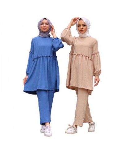 Women Muslim Two-Piece Set Soild Loose Fit Mid-Long Tops With Pants Ramadan Abaya Suit Ethnic Clothes $49.84 - Muslim Fashion...