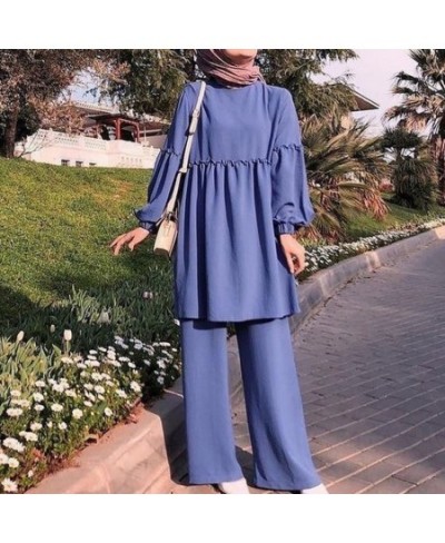 Women Muslim Two-Piece Set Soild Loose Fit Mid-Long Tops With Pants Ramadan Abaya Suit Ethnic Clothes $49.84 - Muslim Fashion...