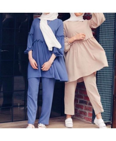 Women Muslim Two-Piece Set Soild Loose Fit Mid-Long Tops With Pants Ramadan Abaya Suit Ethnic Clothes $49.84 - Muslim Fashion...