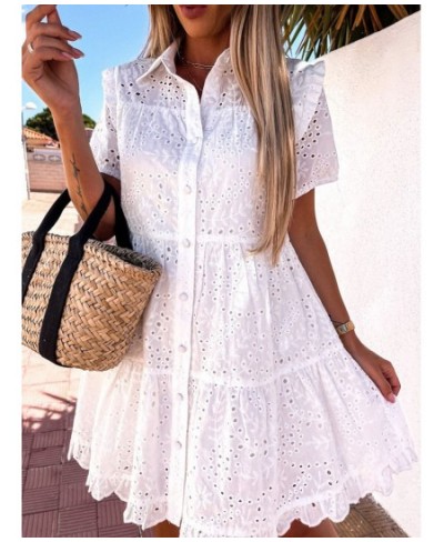 Elegant Women Solid Lapel Embroidery Flower Dress Solid Vintage Short Sleeve Slim Ruffles Dress Buttoned Shirt Sundress Cover...