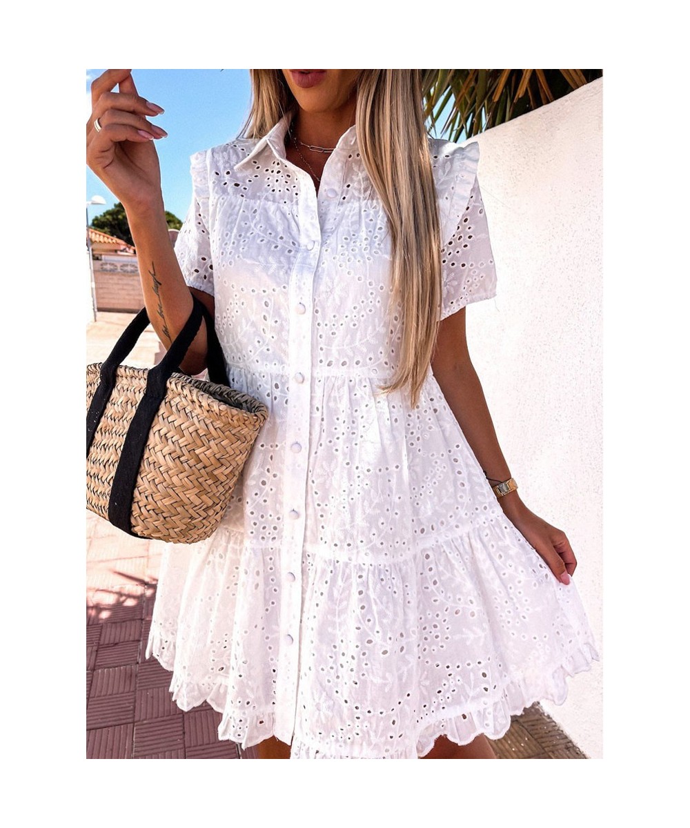 Elegant Women Solid Lapel Embroidery Flower Dress Solid Vintage Short Sleeve Slim Ruffles Dress Buttoned Shirt Sundress Cover...