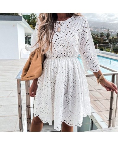 Elegant Women Solid Lapel Embroidery Flower Dress Solid Vintage Short Sleeve Slim Ruffles Dress Buttoned Shirt Sundress Cover...