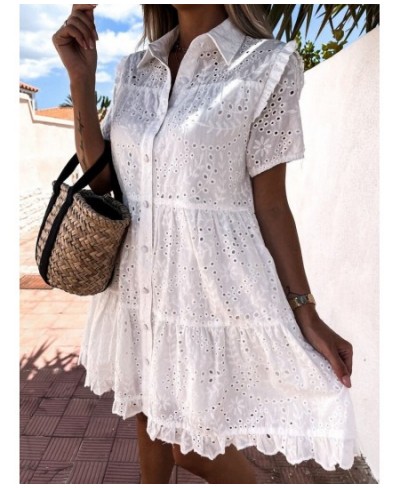 Elegant Women Solid Lapel Embroidery Flower Dress Solid Vintage Short Sleeve Slim Ruffles Dress Buttoned Shirt Sundress Cover...