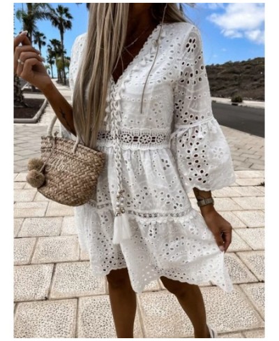 Elegant Women Solid Lapel Embroidery Flower Dress Solid Vintage Short Sleeve Slim Ruffles Dress Buttoned Shirt Sundress Cover...