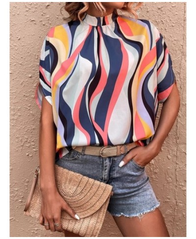 Summer Fashion Print Split Bat Short Sleeve Chiffon Shirt Female Daily Street Casual Half High Neck Loose Blouse Women's Tops...