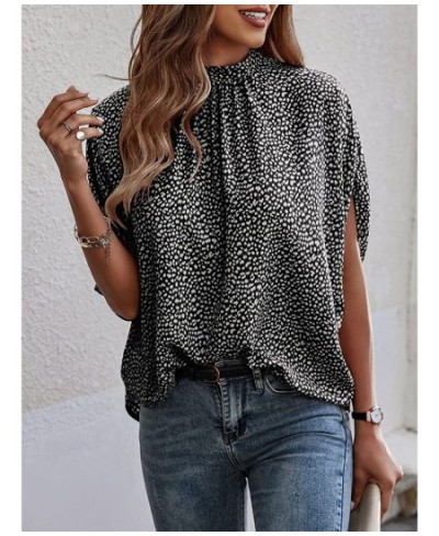 Summer Fashion Print Split Bat Short Sleeve Chiffon Shirt Female Daily Street Casual Half High Neck Loose Blouse Women's Tops...