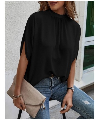 Summer Fashion Print Split Bat Short Sleeve Chiffon Shirt Female Daily Street Casual Half High Neck Loose Blouse Women's Tops...