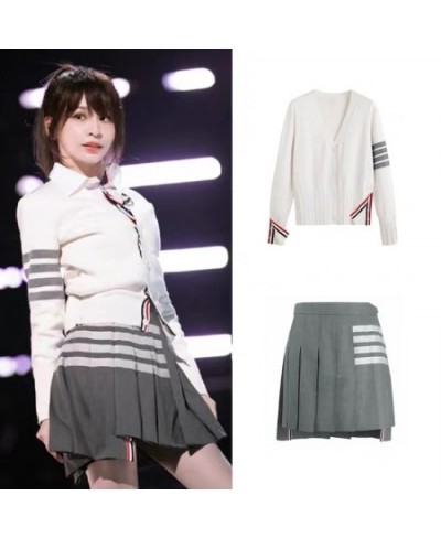 2022 New Fashion Tb Shirt Top Stripe Knitted Cardigan Coat Pleated Skirt Short Skirt Three-Piece Set $58.61 - Suits & Sets