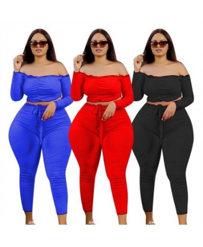 Plus Size Women Clothing Two Piece Set Fall Sexy Outfits Long Sleeve Off Shoulder Tops and Pants Sets Wholesale $39.12 - Plus...