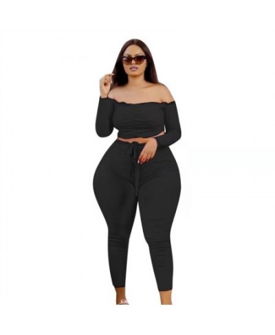 Plus Size Women Clothing Two Piece Set Fall Sexy Outfits Long Sleeve Off Shoulder Tops and Pants Sets Wholesale $39.12 - Plus...