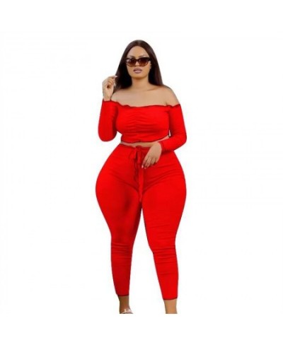 Plus Size Women Clothing Two Piece Set Fall Sexy Outfits Long Sleeve Off Shoulder Tops and Pants Sets Wholesale $39.12 - Plus...