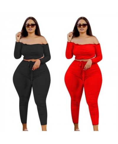 Plus Size Women Clothing Two Piece Set Fall Sexy Outfits Long Sleeve Off Shoulder Tops and Pants Sets Wholesale $39.12 - Plus...