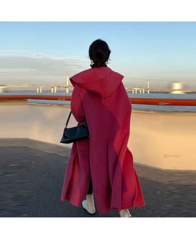 Winter Women Warm Loose Hooded Woolen New Red Long Coats Female Elegant Sashe Pocket Full Sleeve Oversize Streetwear $89.75 -...