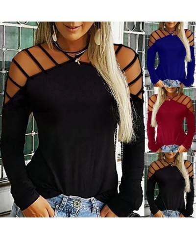 Sexy Women Solid Color Hollow Out Off Shoulder Long Sleeve T-Shirt Loose Top $30.71 - Tops & Tees