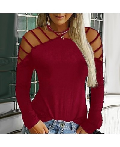 Sexy Women Solid Color Hollow Out Off Shoulder Long Sleeve T-Shirt Loose Top $30.71 - Tops & Tees