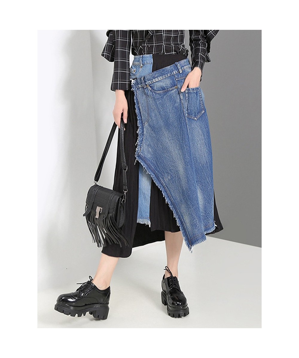 Streetwear Patchwork Denim Skirt For Women High Waist A Line ColorBlock Midi Skirts Female Summer Clothing Style 2022 $74.25 ...