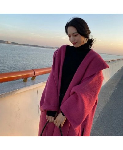 Winter Women Warm Loose Hooded Woolen New Red Long Coats Female Elegant Sashe Pocket Full Sleeve Oversize Streetwear $89.75 -...