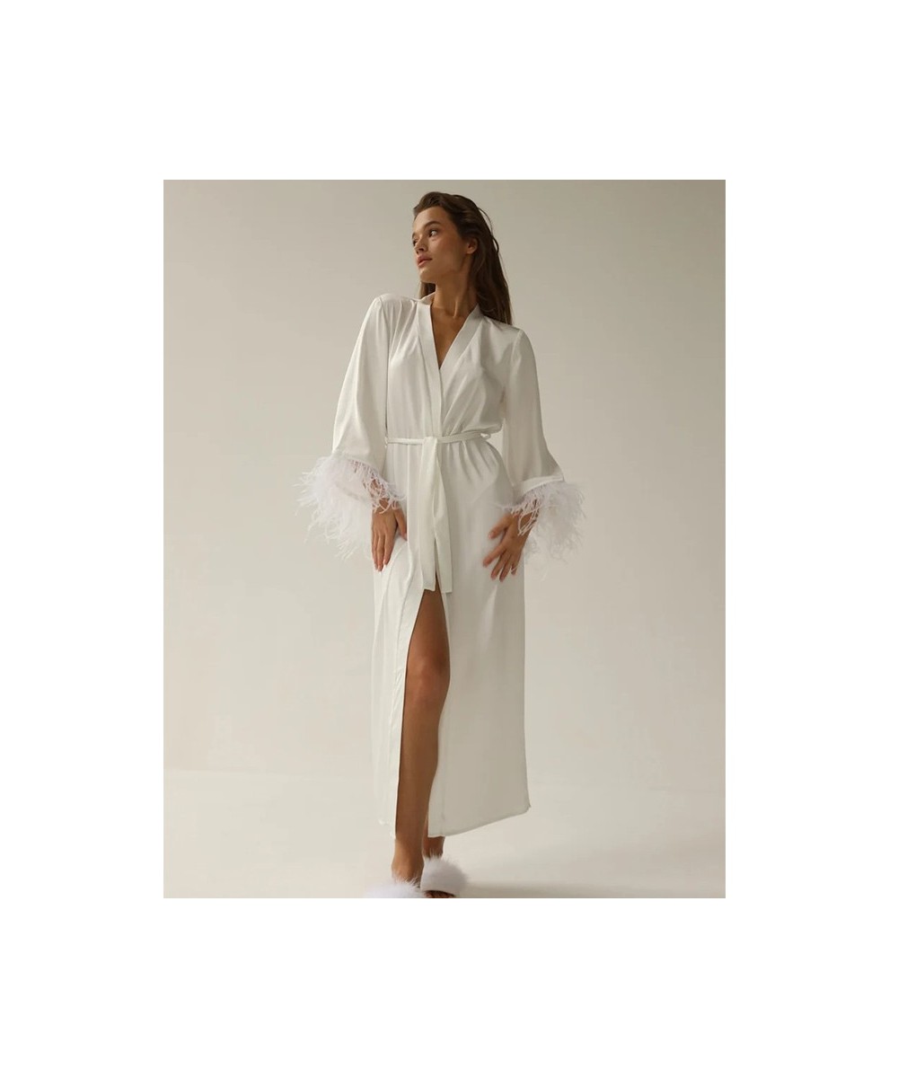 long robe women's summer solid feather sleeve ladies kimono with sashes luxury silk robe v neck thin sleepwear for female $46...