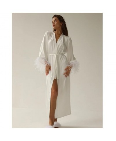 long robe women's summer solid feather sleeve ladies kimono with sashes luxury silk robe v neck thin sleepwear for female $46...