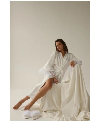 long robe women's summer solid feather sleeve ladies kimono with sashes luxury silk robe v neck thin sleepwear for female $46...