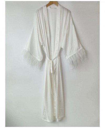 long robe women's summer solid feather sleeve ladies kimono with sashes luxury silk robe v neck thin sleepwear for female $46...