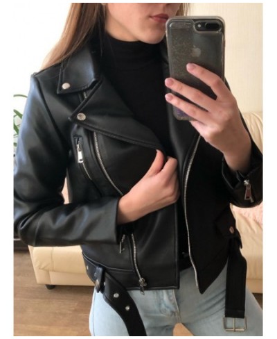 New Women Spring Autumn Black Faux Leather Jackets Zipper Basic Coat Turn-down Collar Motor Biker Jacket With Belt $66.07 - J...