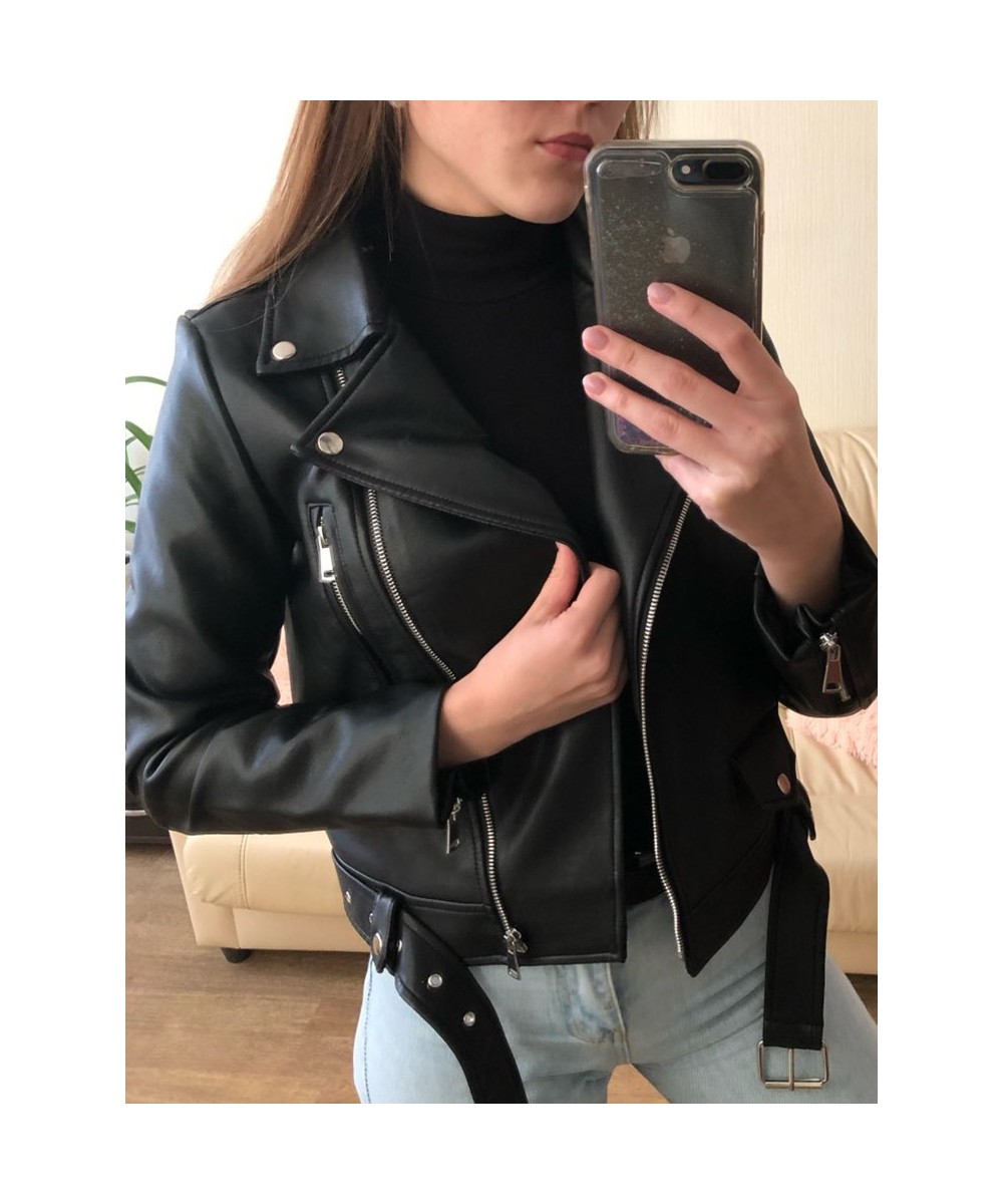 New Women Spring Autumn Black Faux Leather Jackets Zipper Basic Coat Turn-down Collar Motor Biker Jacket With Belt $66.07 - J...