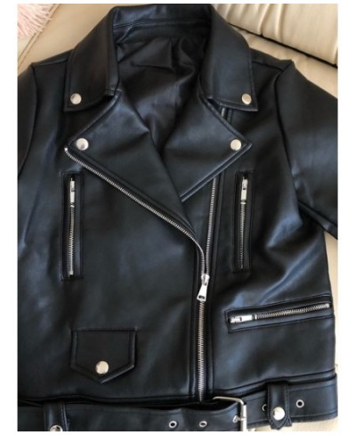 New Women Spring Autumn Black Faux Leather Jackets Zipper Basic Coat Turn-down Collar Motor Biker Jacket With Belt $66.07 - J...