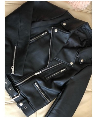 New Women Spring Autumn Black Faux Leather Jackets Zipper Basic Coat Turn-down Collar Motor Biker Jacket With Belt $66.07 - J...