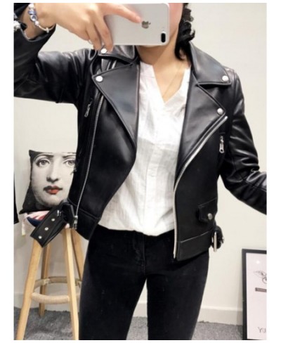 New Women Spring Autumn Black Faux Leather Jackets Zipper Basic Coat Turn-down Collar Motor Biker Jacket With Belt $66.07 - J...