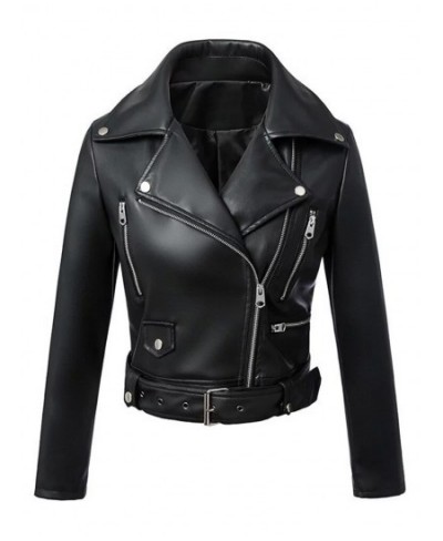 New Women Spring Autumn Black Faux Leather Jackets Zipper Basic Coat Turn-down Collar Motor Biker Jacket With Belt $66.07 - J...