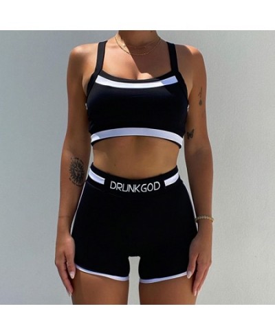 Fashion Patchwork Sporty Two Piece Sets Off Shoulder Tanks Top + High Waist Shorts Suits Fintess Casual Basic Outfits $31.34 ...