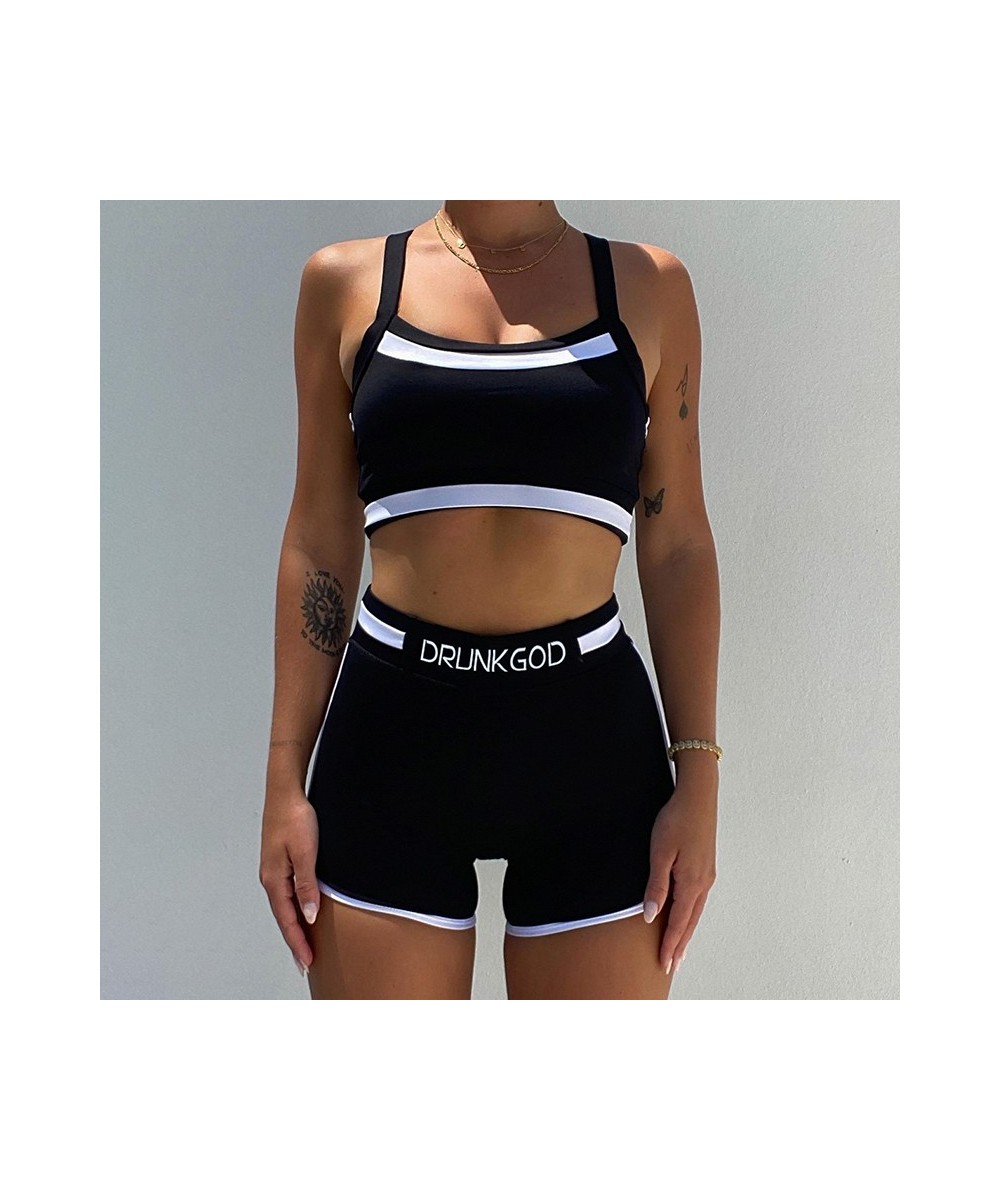 Fashion Patchwork Sporty Two Piece Sets Off Shoulder Tanks Top + High Waist Shorts Suits Fintess Casual Basic Outfits $31.34 ...