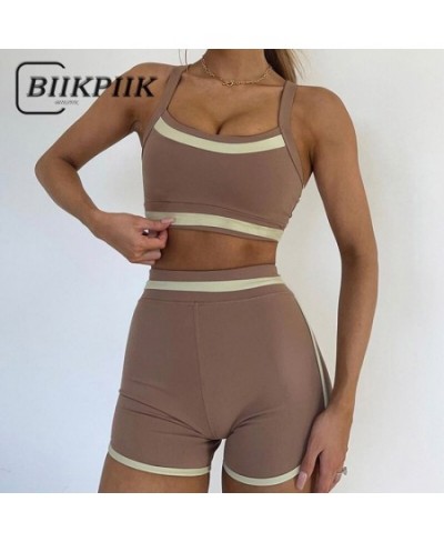 Fashion Patchwork Sporty Two Piece Sets Off Shoulder Tanks Top + High Waist Shorts Suits Fintess Casual Basic Outfits $31.34 ...