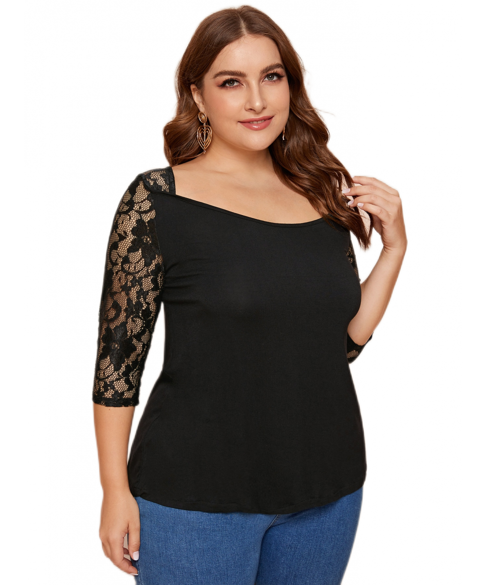 Plus Size Half Sleeve Summer Tunic Tops Women Solid Contrast Lace Sleeve Square Collar T-shirt Female Big Size Clothing 4XL 5...