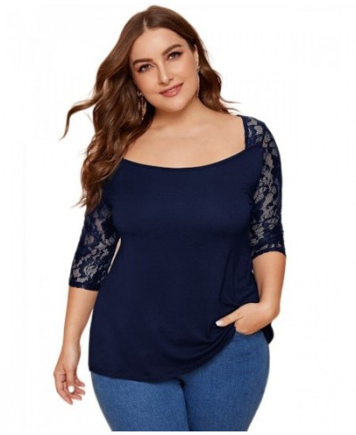 Plus Size Half Sleeve Summer Tunic Tops Women Solid Contrast Lace Sleeve Square Collar T-shirt Female Big Size Clothing 4XL 5...