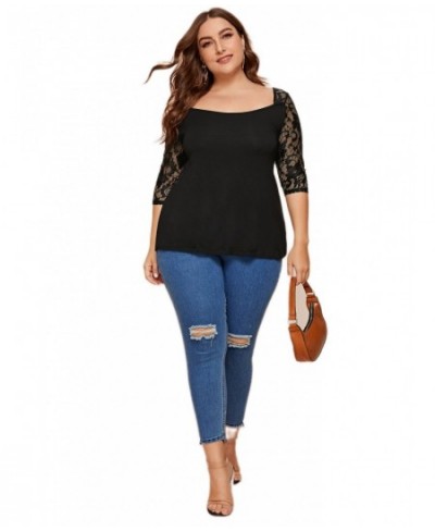 Plus Size Half Sleeve Summer Tunic Tops Women Solid Contrast Lace Sleeve Square Collar T-shirt Female Big Size Clothing 4XL 5...